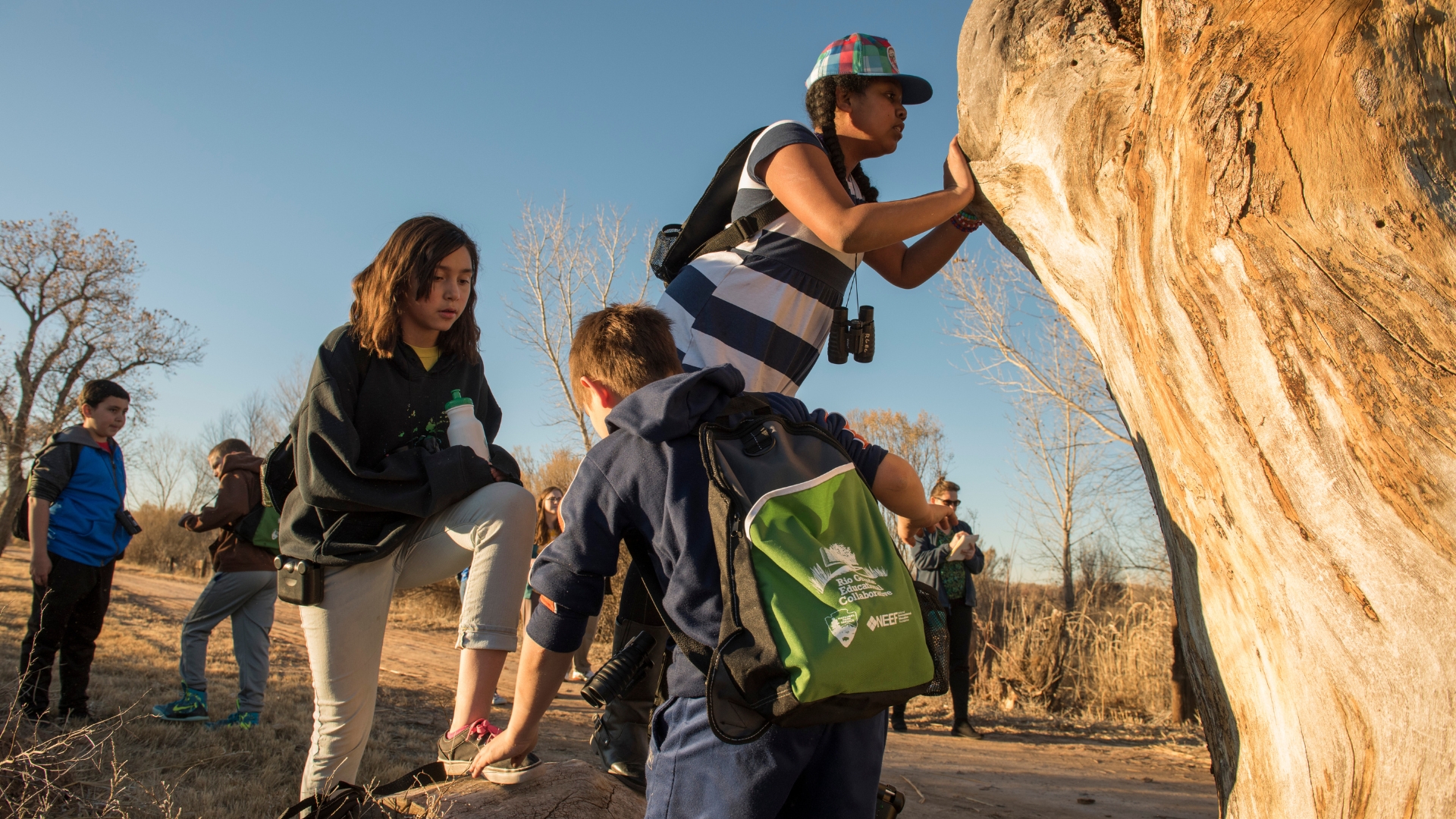 Photo of children climbing a to view a rock during an environmental education program