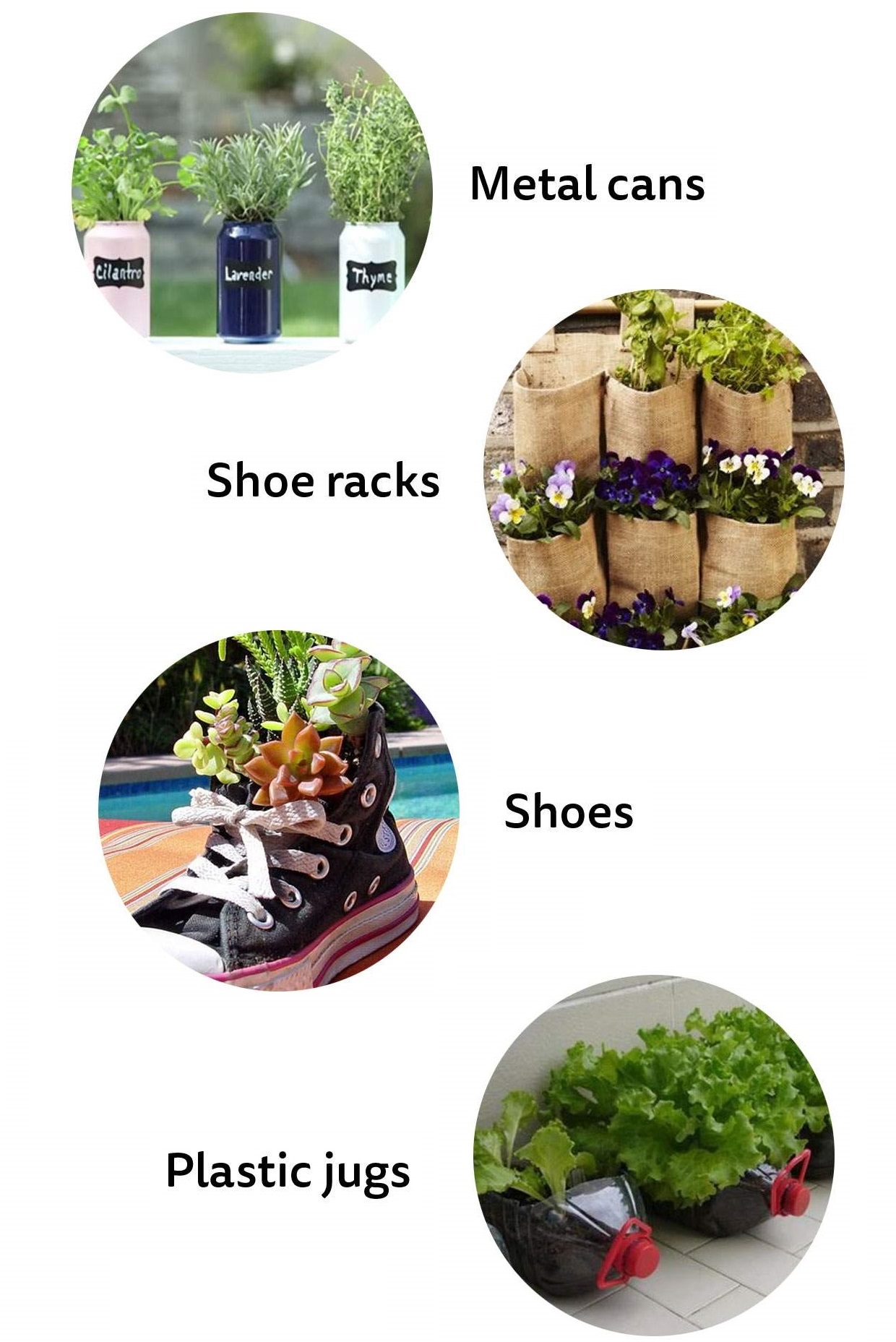 Different ways to create planters using shoes, cans, or milk cartons