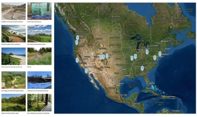 map of the US with pinpoints of NEEF Grantees showcasing environmental grants