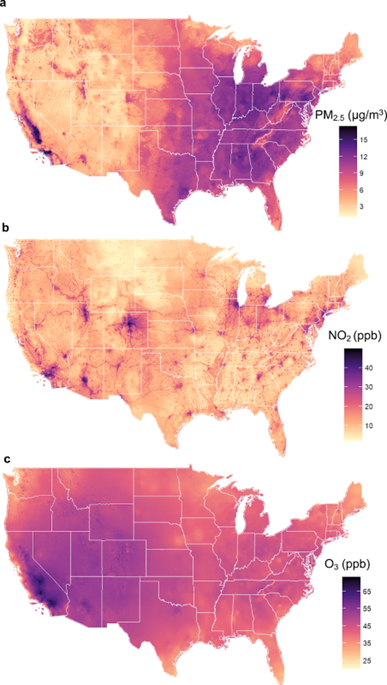 The three panels present the average concentrations of a annual PM2.5 (μg/m³)16, b annual NO2 (ppb)17, and c warm-season O3 (ppb)18 at 1-km2 resolution across the contiguous United States over the study period, respectively.