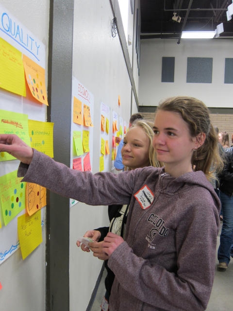 Two students sticking post it notes under wildfire themes