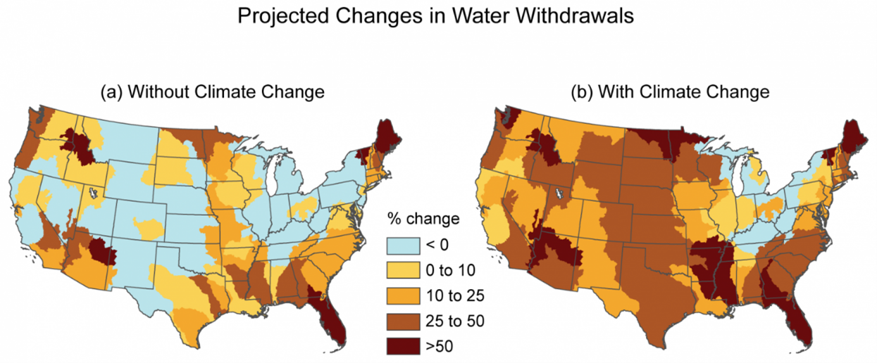 two maps of the USA side by side compare the expected percent change in water demand in the US from 2005 to 2060 with and without climate change