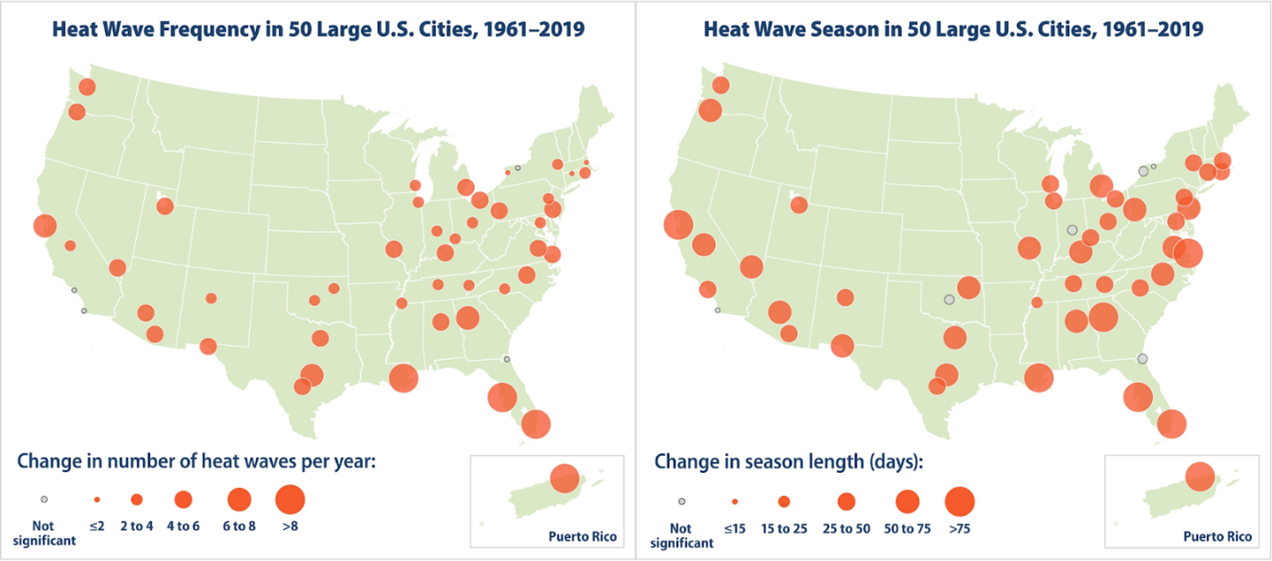map of the US depicting the heat wave frequency and seasons from 1961-2019