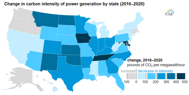 Map of USA depicting the change in carbon intensity of power generation by state 2016-2020