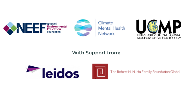 Climate Mental Health Study Partners' logos: Climate Mental Health Network, NEEF, University of California Museum of Paleontology, Leidos, and Robert H. N. Ho Foundation