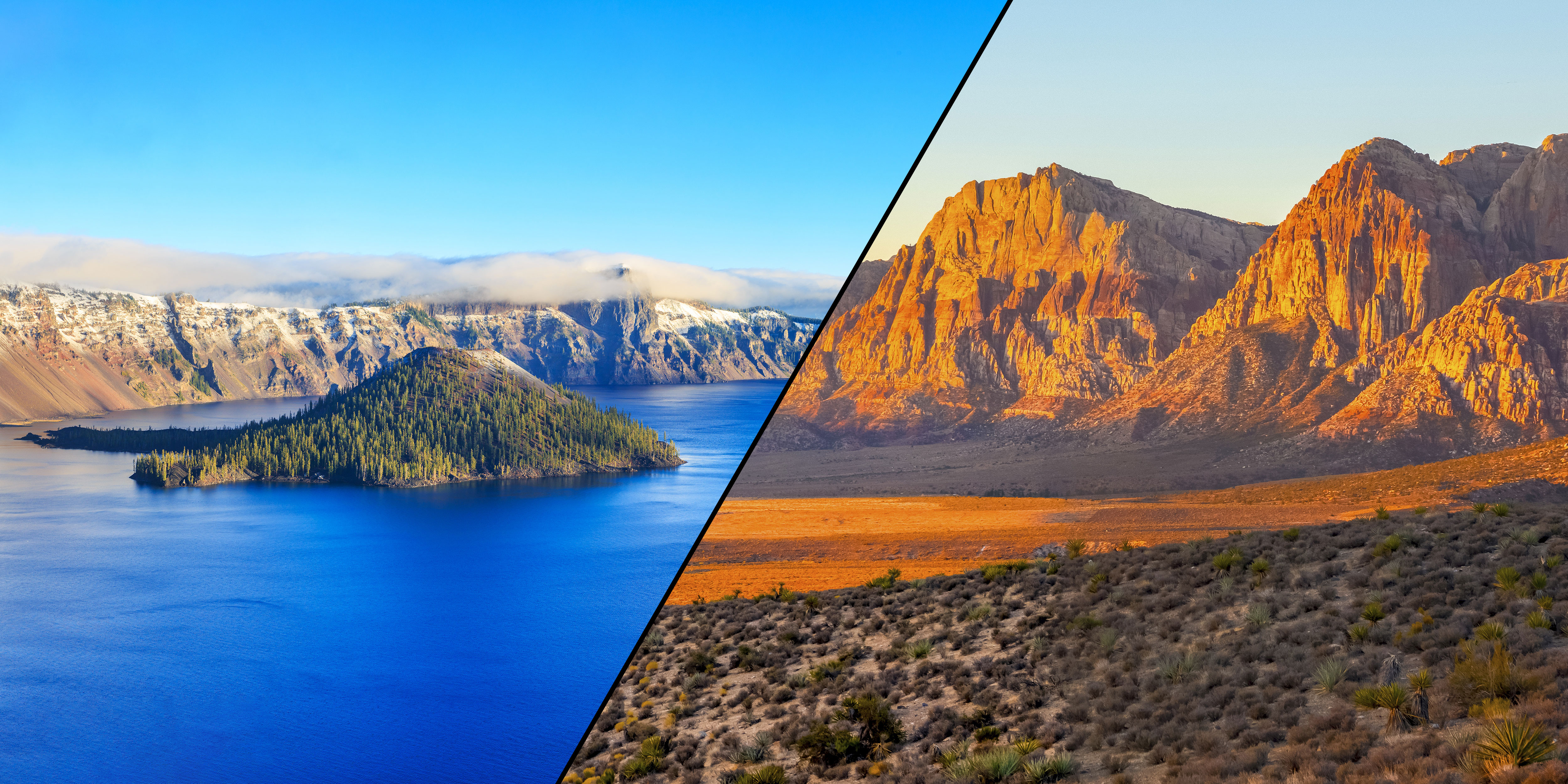 Crater Lake (elena_suvorova: https://stock.adobe.com/images/crater-lake-national-park-in-oregon-usa/100823036) Red Rock Canyon (John Anderson: https://stock.adobe.com/images/red-rock-canyon-nevada/229989834)