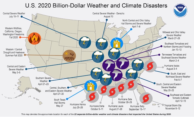 graphic of US map with points of climate disasters and costs 