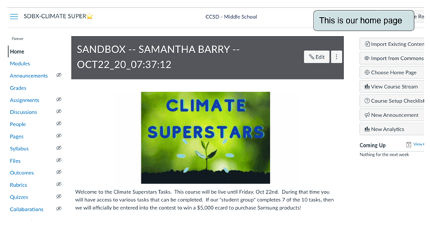 Screenshot of Canvas software with Climate Superstars task incorporated
