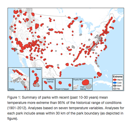 map of USA with red dots on national parks experiencing extreme heat
