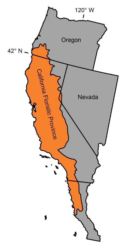 map of California, Nevada and Oregon with the coast and much of the state of CA highlight in orange showing the CA Floristic Province