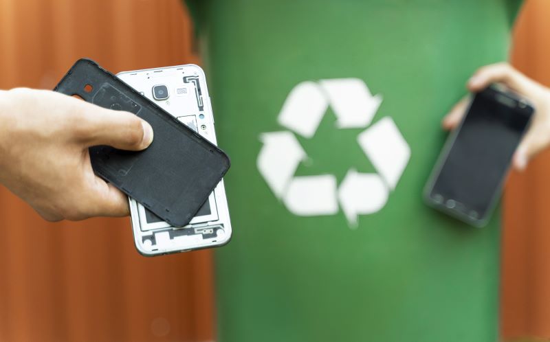 hands olding old phones in front of a recycling bin for electronic recycling