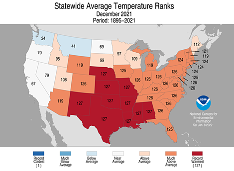 Map of united states depicting statewide average temperatures for December 2021. https://www.ncdc.noaa.gov/temp-and-precip/us-maps/1/202112#us-maps-select