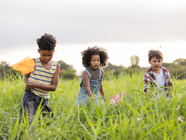 Three children run through a grassy meadow while swinging butterfly nets