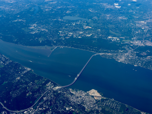 An aerial view of the Tappan Zee Bridge over the Hudson River.