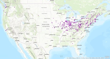 A map of the US with purple dots for each city with a combined sewer system. The majority of dots are east of the Mississippi River, with clusters along the East Coast.