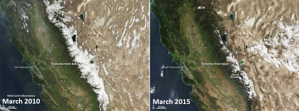 Aerial photography of the Sierra Nevada range that shows significantly decreased snowpack in 2015 when compared to 2010.
