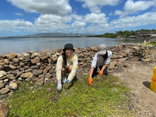 Two women are on their hands and knees plucking out invasive plants from the ground. A large body of water is behind them.