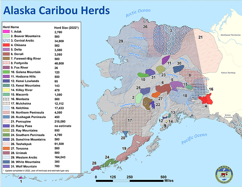 A map showing the location and size of all 31 herds of Alaskan Caribou (as of 2022)