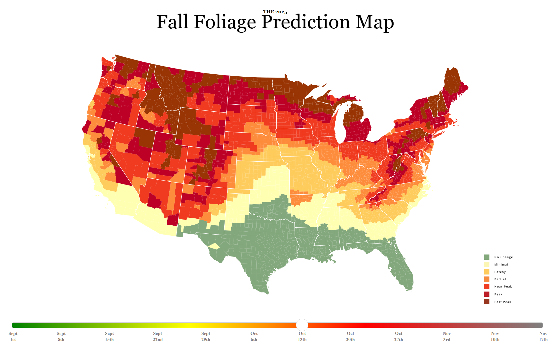 A colorful map of the United States showing when certain regions will reach peak fall colors.