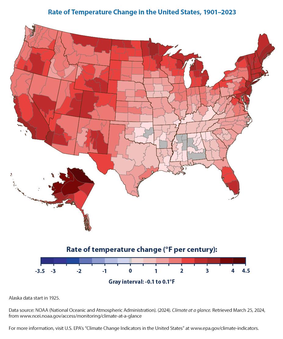 A color-coded map of the US showing the rate of temperature change per state. Large increases are evident in the northeast, southwest, and Alaska.