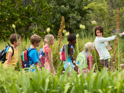 A teacher leads a diverse group of children through an overgrown meadow, pointing out something in the distance