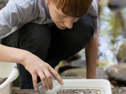 Young student looking at water sample during environmental education activity