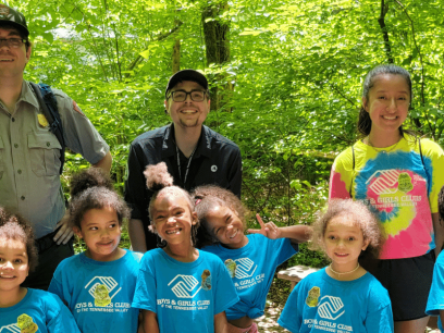 Americorps volunteer national park ranger and students from the boys and girls club in Great Smokie Mountain NP