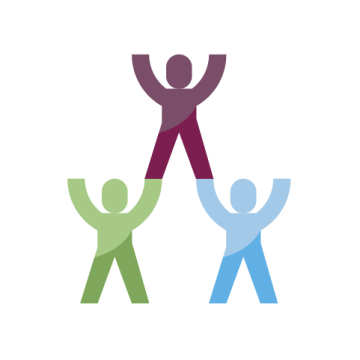 Green and blue person with hands raised hold a maroon person up in a triangle formation