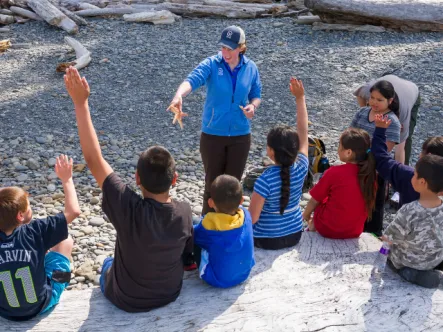 Photo of teacher asking students a question during an environmental education lesson outside