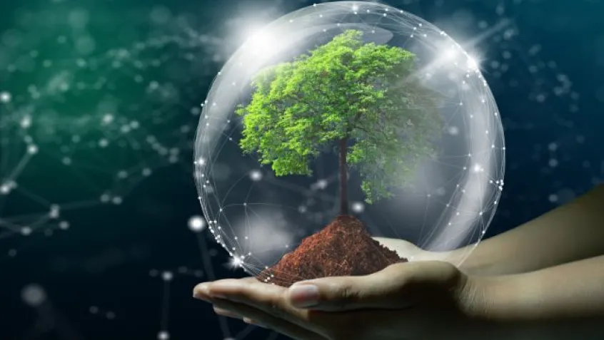 a pair of hands holds a glass ball with a tree in it with a futuristic corporate background