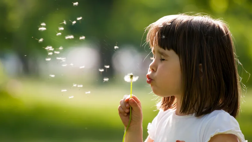 Girl blowing dandelion 