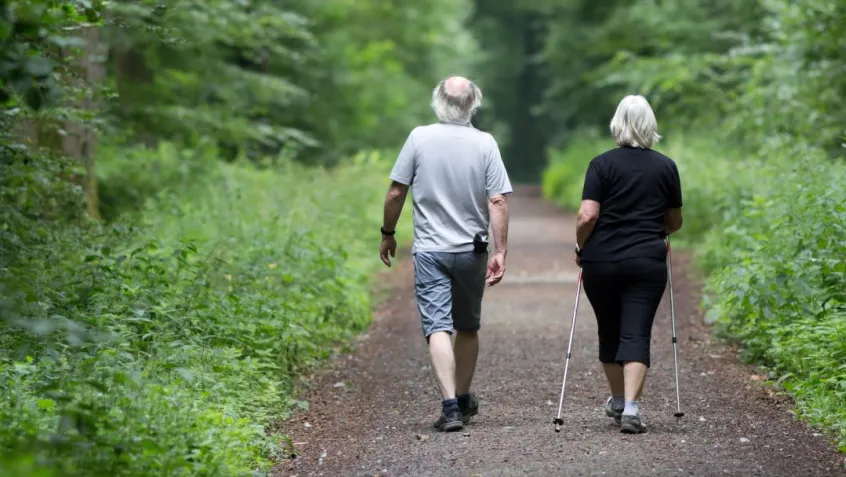 Older couple walking in forest taking a hike