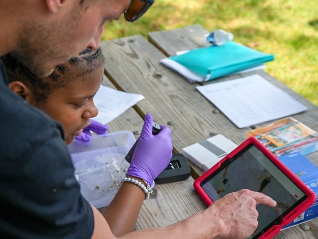 a teacher explains to a student what they are seeing while analyzing water samples during an environmental education lesson.
