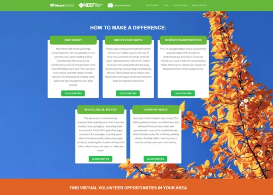 screenshot of iHeart Earth website with actions to take to help the Earth