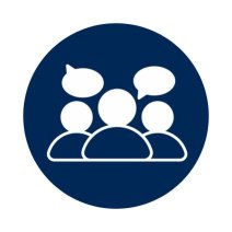 Focus group survey icon in white with navy blue circle background