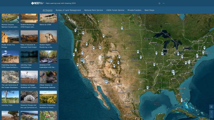 GreeningSTEM map showing the project pins across the United States