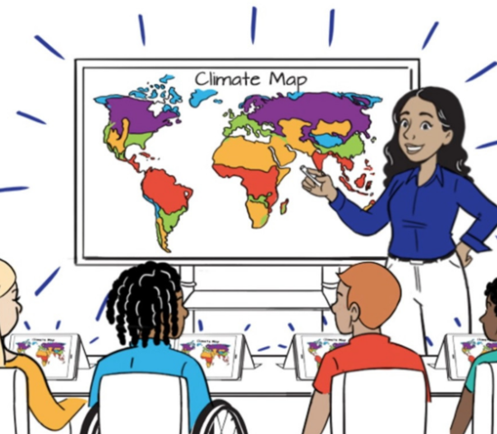 Drawing of a teacher in front of a classroom pointing to a climate map