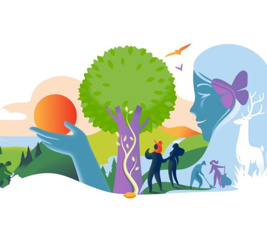 National Public Lands Day 2024 Graphic of little girl, people hiking, and collecting trash with a tree and mountains