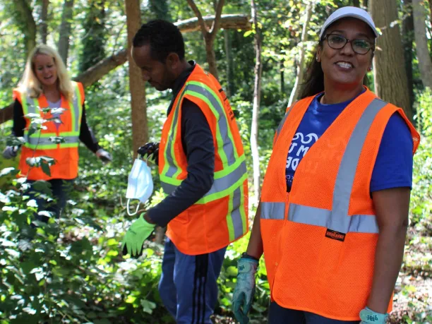 volunteers in reflector vest work weeding a forest area during national public lands day