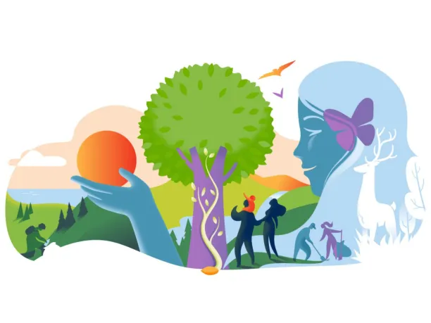 National Public Lands Day 2024 Graphic of little girl, people hiking, and collecting trash with a tree and mountains