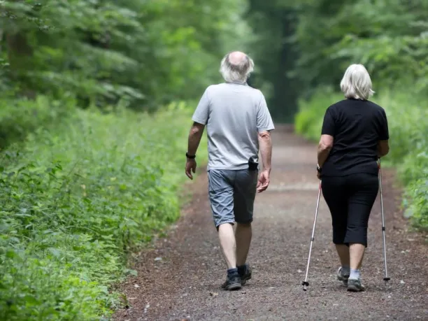 Older couple walking in forest taking a hike