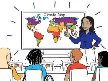 Drawing of a teacher in front of a classroom pointing to a climate map