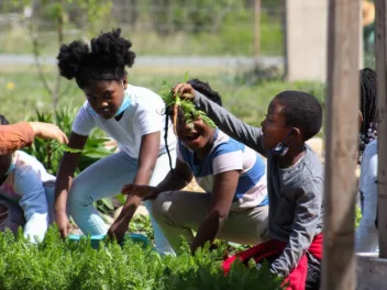 Children outdoors in a garden, one with freshly picked carrot in their hand looking at it and smiling