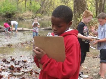 Children learning and observing at a creek bed