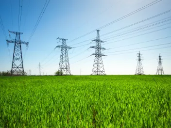 HIgh voltage lines and power pylons in a a green agricultural landscape with a blue sky on a sunny day